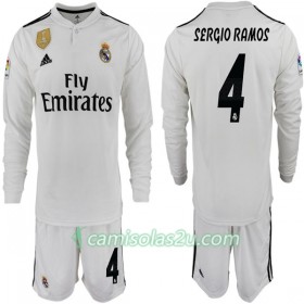 Camisolas de Futebol Real Madrid SERGIO RAMOS 4 Criança Equipamento Principal 2018/19 Manga Comprida